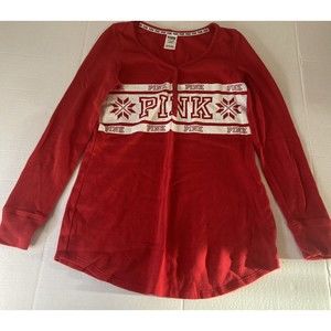 Pink Victoria Secret T Shirt Womens Small Red Long Sleeve Thermal Sleepwear